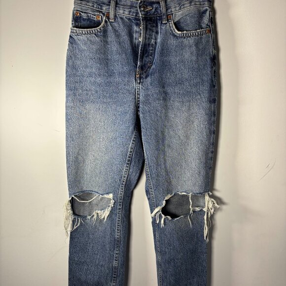 Topshop Dad Womens Distressed 5-Pockets Button Fly Denim Jeans Blue Size W26 L30 - Picture 1 of 4